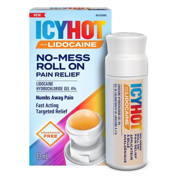 Icy Hot No Mess Roll-On with 4% Lidocaine, No-Mess Applicator, Numbs Away Pain, Non-Greasy, Fast-Acting Targeted Pain Relief, 73 mL