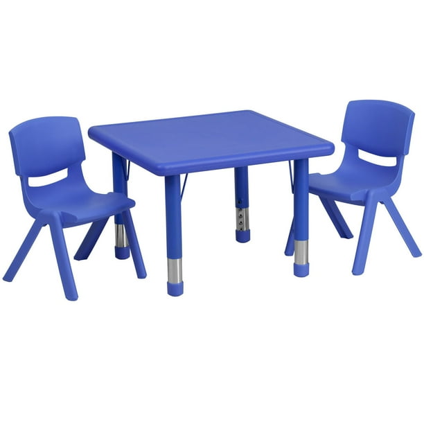 Ensemble de table d’activités carrée de 24 po en plastique bleu à hauteur réglable avec 2 chaises