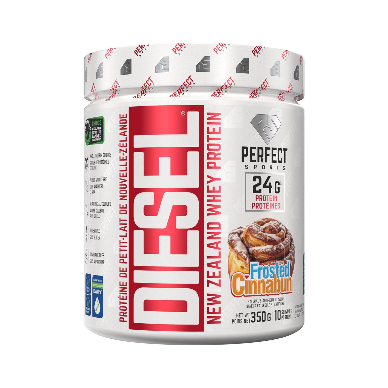DIESEL® New Zealand Whey Protein, Grass-Fed + Pasture-Raised Whey Protein Powder from PERFECT Sports, Gluten-Free, , Frosted Cinnabun, 350g