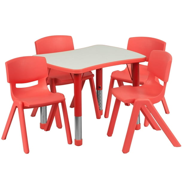 Ensemble de 4 chaises avec table d'activités rectangulaire de 21,875 po larg. x 26,625 po long. en plastique rouge à hauteur réglable