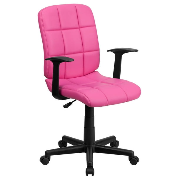 Chaise de travail pivotante en vinyle rose matelassé à dossier mi-hauteur avec appuis-bras