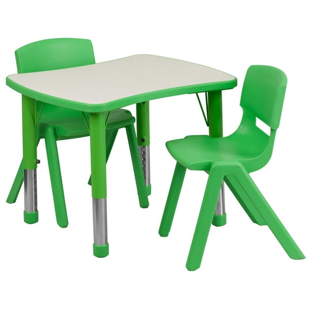Ensemble de table d'activités rectangulaire de 21,875 po larg. x 26,625 po long. en plastique vert à hauteur réglable avec 2 chaises