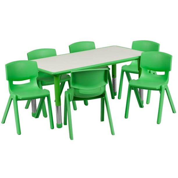 Ensemble de table d’activités rectangulaire de 23,625 po larg. x 47,25 po long. en plastique vert à hauteur réglable avec 6 chaises