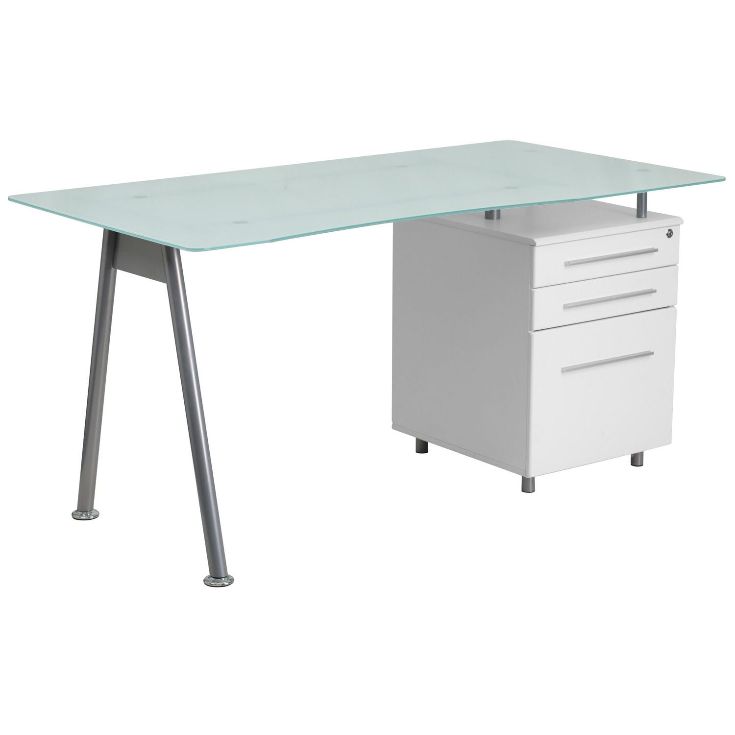 Bureau D Ordinateur Blanc Avec Plateau En Verre Et Piedestal A Trois Tiroirs Walmart Canada