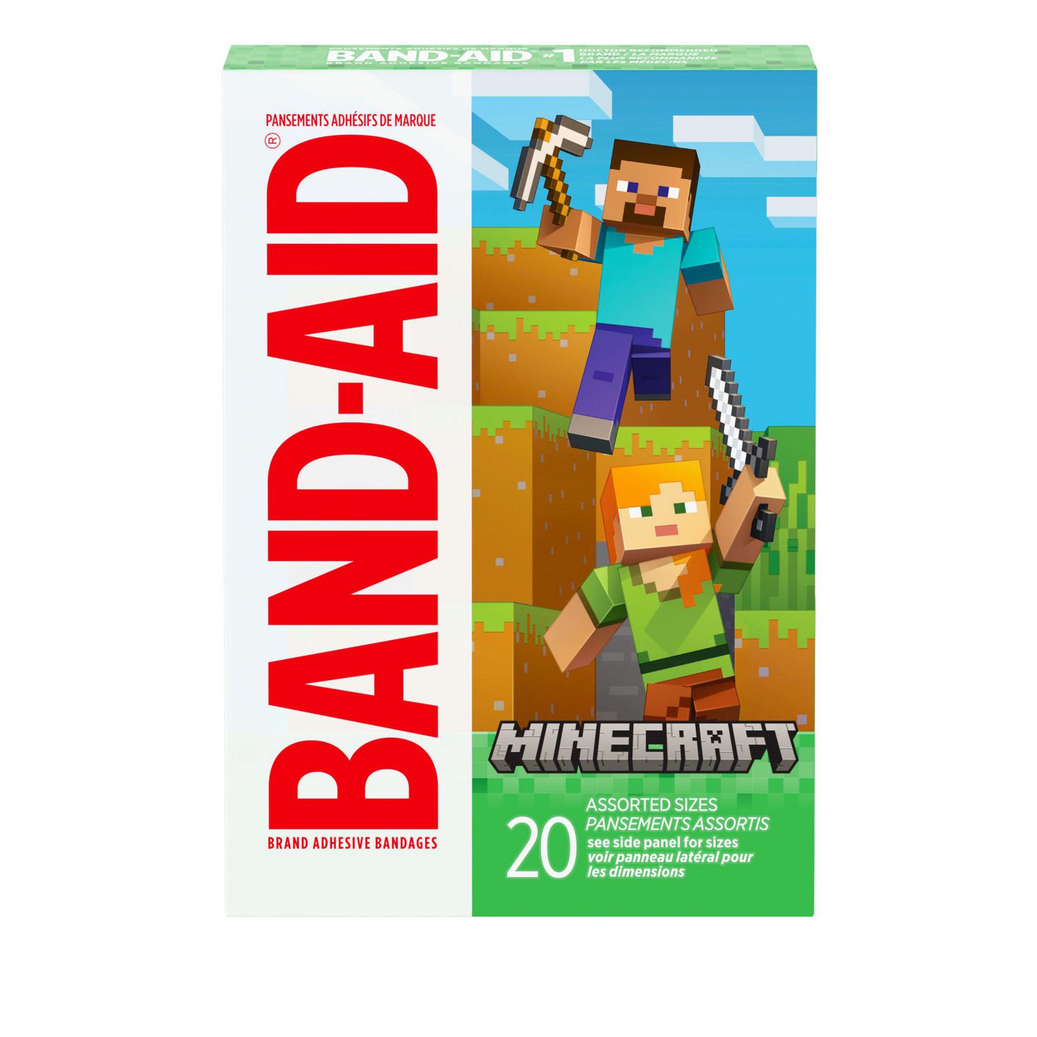 Band-Aid Brand Adhesive Bandages for Minor Cuts & Scrapes, Wound Care Featuring Minecraft Designs, Fun Bandages for Kids and Toddlers, Assorted Sizes, 20 Count