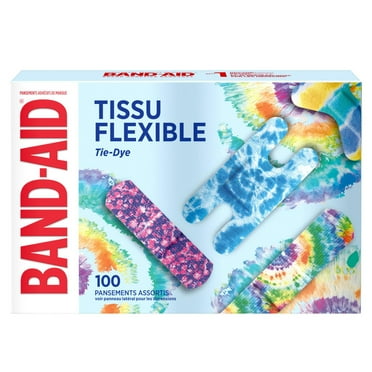 Band-Aid Brand Flexible Fabric Adhesive Tie-Dye Bandages, Fun Bandages Wound Care & Protection of Minor Cuts & Burns, Quilt-Aid Comfort Pad Technology to Cushion Painful Wounds, Assorted Sizes, 100 Count