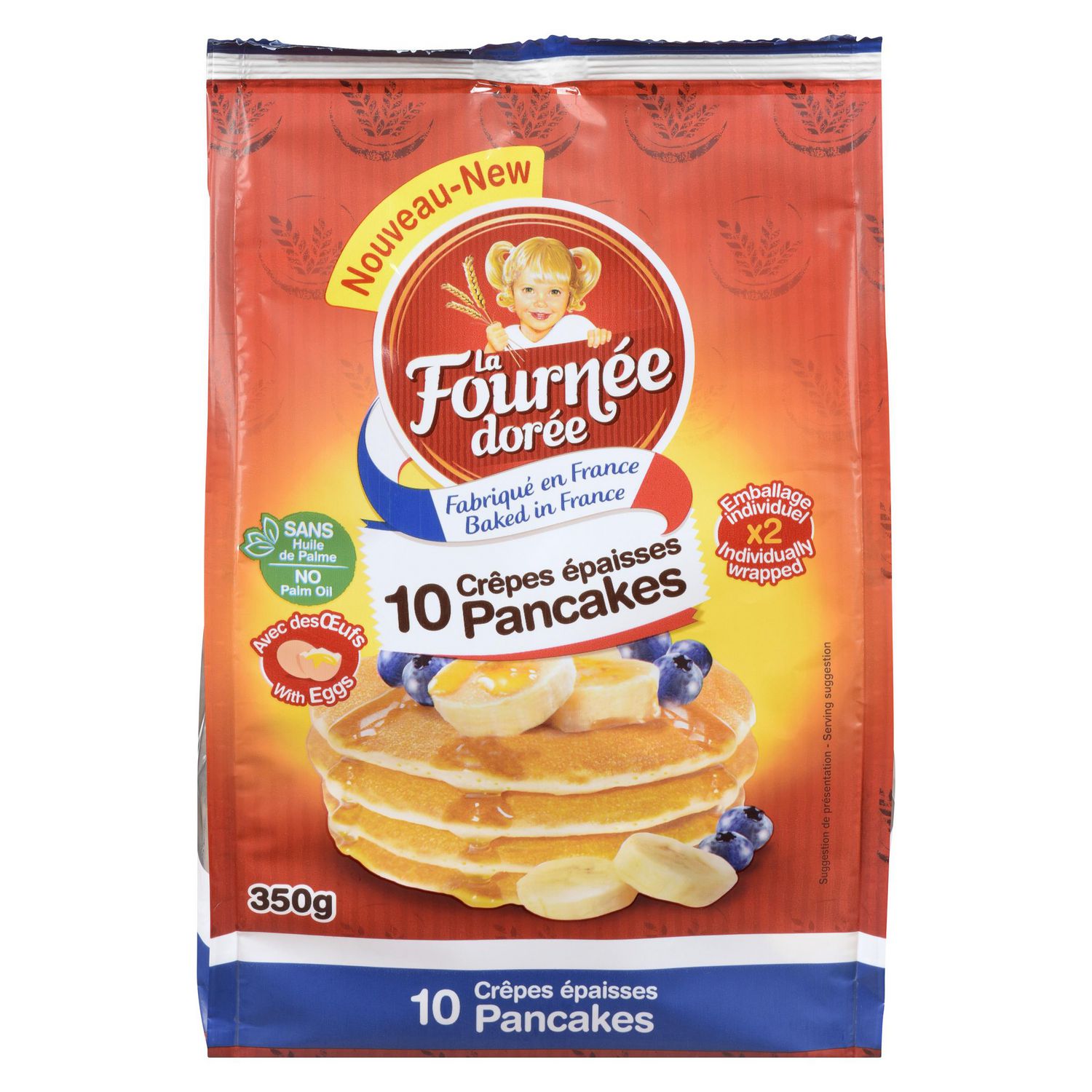 Crêpes Brioche une Vue Centrée et Orientée vers l'Avant d'Une Paire Superposée de Crêpes Style Brioche Brun Doré; Recette Française Faite avec des Oeufs et de la Crème Fraîche, Sans Huile de Palme; Emballées Deux par Paquet Scellé Frais; Idéal pour un Déjeuner Gastronomique, Convient aux Garnitures Sucrées Ou Salées.