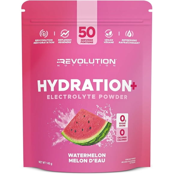 Revolution Nutrition, Hydration + Electrolyte Powder, Zero Sugar, Zero Calories, Vegan Formula, Instant Rehydration & Electrolyte Restoration, Clean Hydration & Recovery Support For Men & Women (Watermelon, 145g)