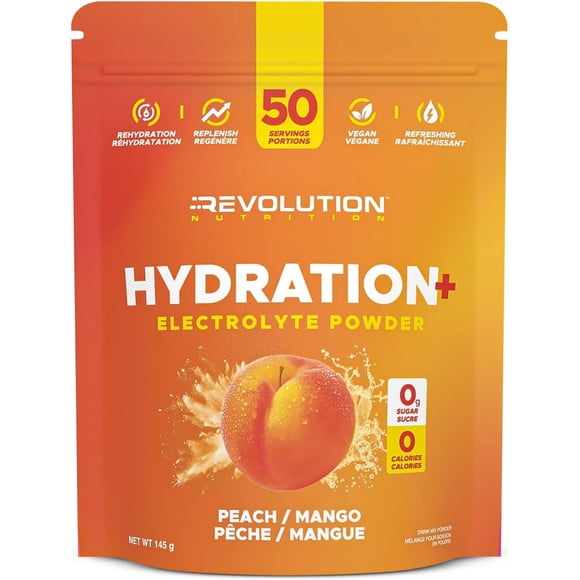 Revolution Nutrition, Hydration + Electrolyte Powder, Zero Sugar, Zero Calories, Vegan Formula, Instant Rehydration & Electrolyte Restoration, Clean Hydration & Recovery Support For Men & Women (Peach / Mango, 145g)