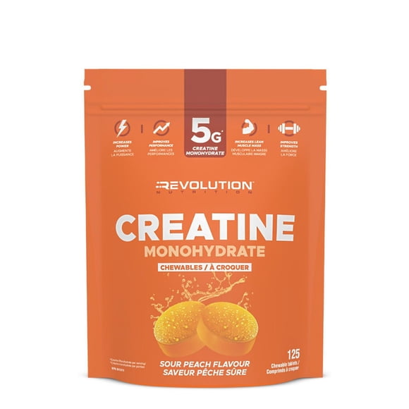 Revolution Nutrition, Candy Flavour Creatine Monohydrate Chewables, Zero Sugar, Zero Carb, Gluten Free, Lean Muscle Growth For Men & Women, 1000mg Pure Creatine Monohydrate Per Tablet (Sour Peach, 125 Tablets)
