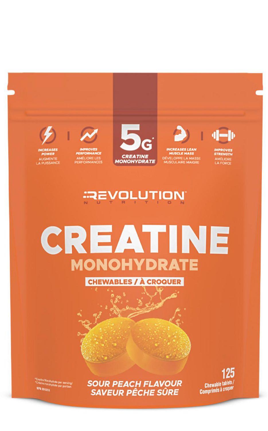 Revolution Nutrition, Candy Flavour Creatine Monohydrate Chewables, Zero Sugar, Zero Carb, Gluten Free, Lean Muscle Growth For Men & Women, 1000mg Pure Creatine Monohydrate Per Tablet (Sour Peach, 125 Tablets)