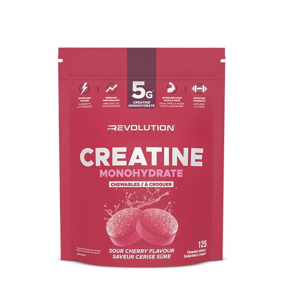 Revolution Nutrition, Candy Flavour Creatine Monohydrate Chewables, Zero Sugar, Zero Carb, Gluten Free, Lean Muscle Growth For Men & Women, 1000mg Pure Creatine Monohydrate Per Tablet (Sour Cherry, 125 Tablets)