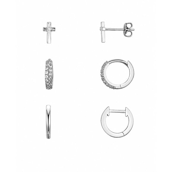 SPC Silver Plated Set of 3 Earrings - Cross, CZ Huggie and Polished Huggie