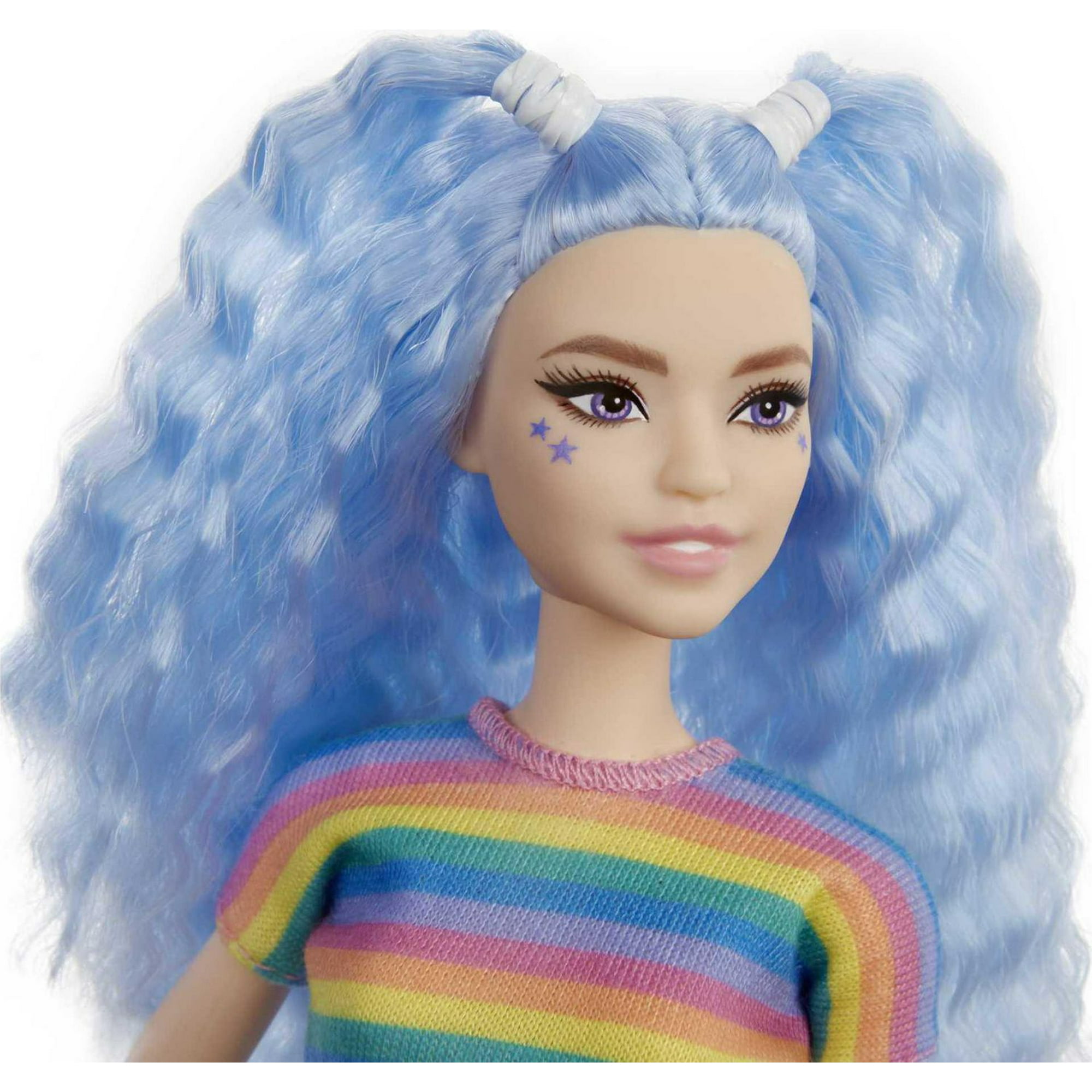 Barbie Fashionistas Doll #170 with Long Blue Crimped Hair, Star Face  Makeup, Striped Tee, Denim Skirt & Silvery Chain Belt, 3 to 8 Years Old -  Walmart.ca