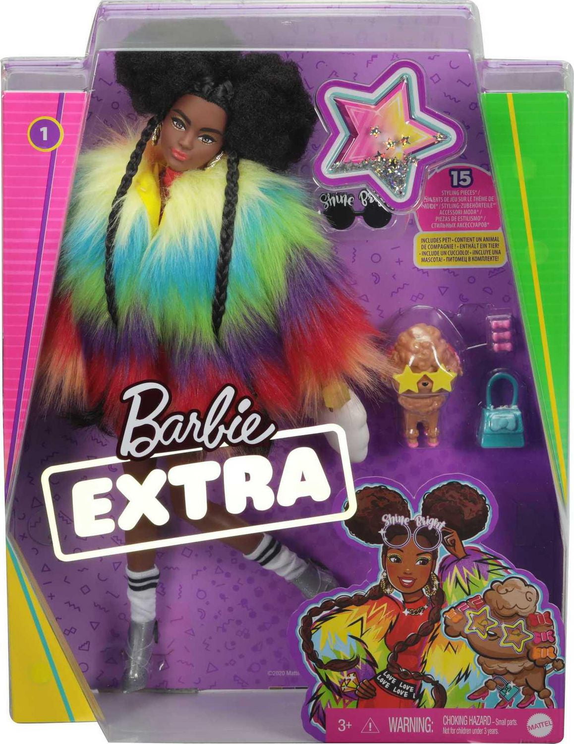 Barbie Extra Doll in Furry Rainbow Coat with Pet Poodle Walmart