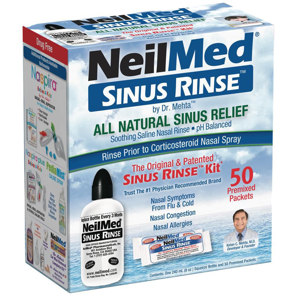 Trousse de Rinçage des Sinus avec 50 Sachets, Système de Bouteille à Pression Facile Orientée vers l'Avant avec Sachets de Solution saline Prémélangés pour irrigation Nasale, Accouchement à Grand Volume et Basse Pression en position Verticale, Bouchon Noir Arrondi Monobloc visible, portable pour les Voyages et l'Hygiène Nasale Quotidienne.