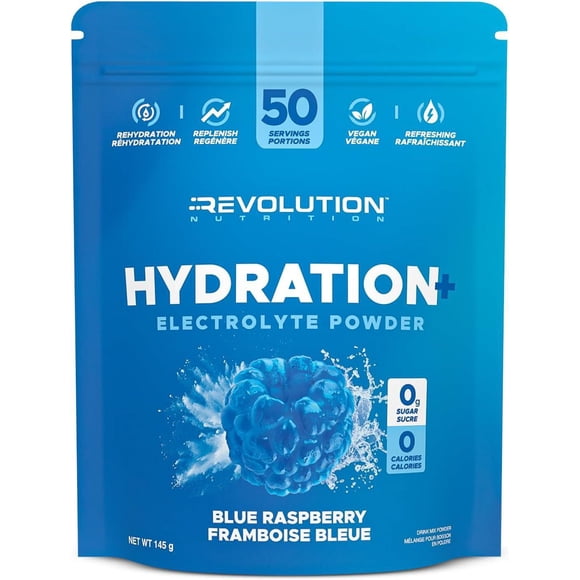 Revolution Nutrition, Hydration + Electrolyte Powder, Zero Sugar, Zero Calories, Vegan Formula, Instant Rehydration & Electrolyte Restoration for Men & Women (Blue Raspberry, 145g)