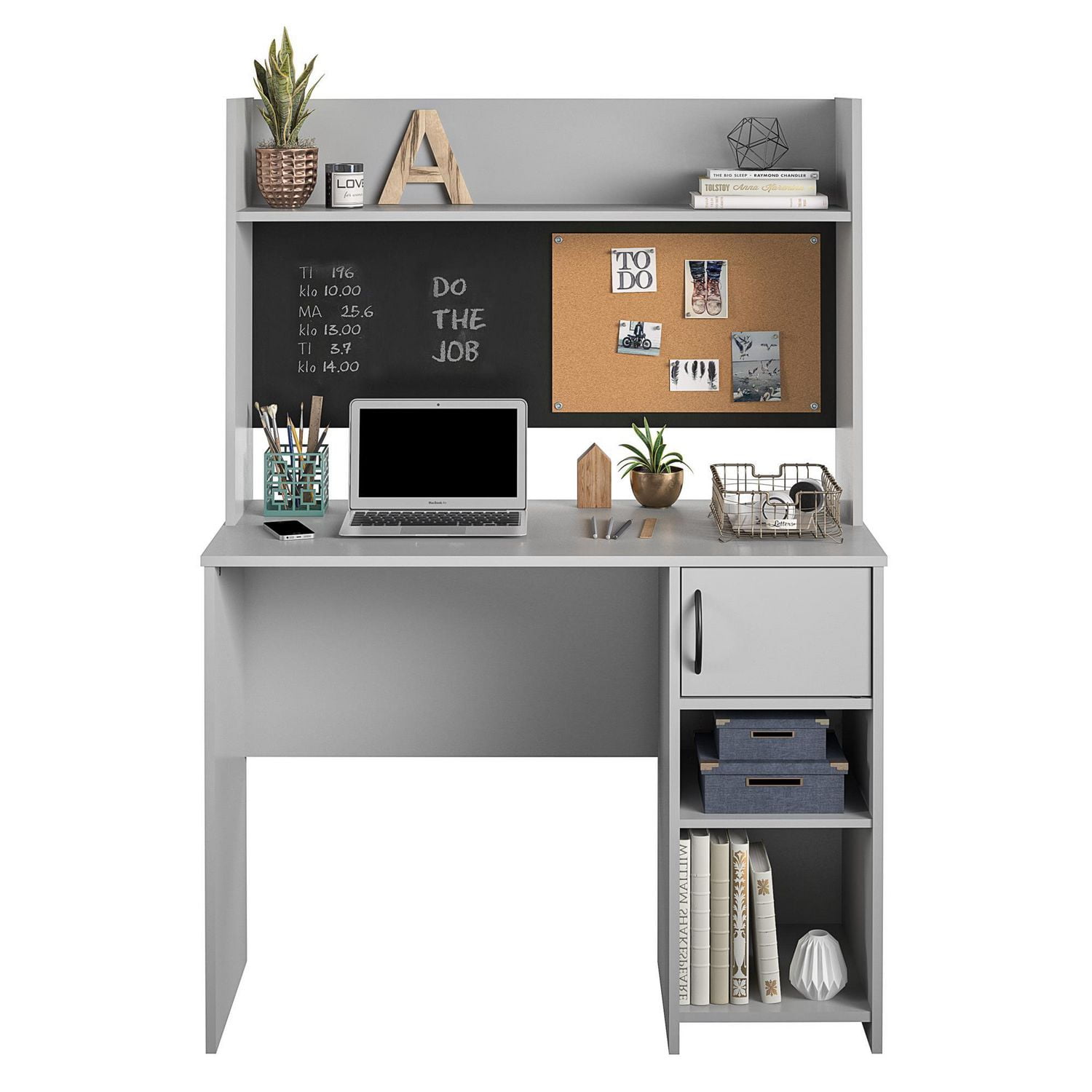 Dove gray student store desk with hutch