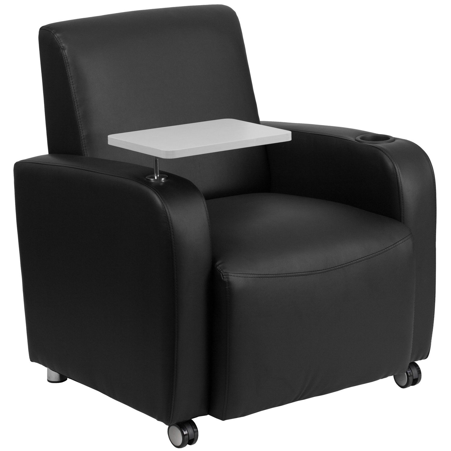 Black Leather Guest Chair with Tablet Arm, Front Wheel Casters and Cup