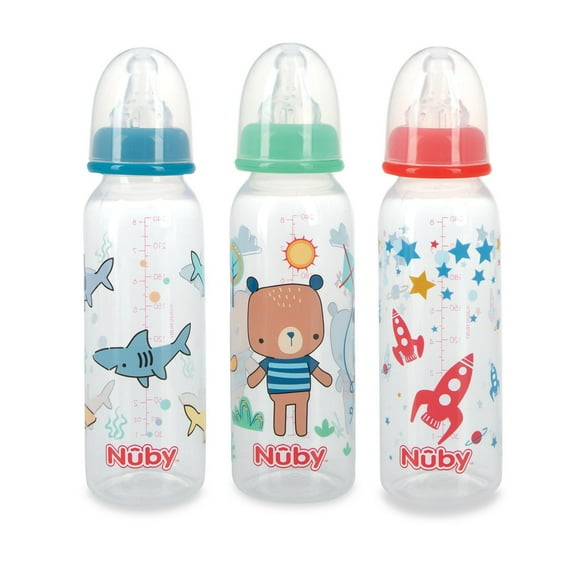 Nûby™ Anti-Colic Non-Drip Standard Neck Plastic Baby Bottles, Vari-Flo valve, Pack of 3, 8 oz/240 mL, Pack of 3, 8 oz/240 mL