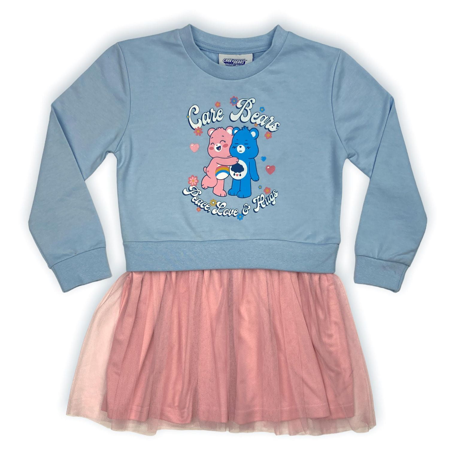 Care Bears Girl's dress. This girls tutu dress has a long sleeve sweater type top and knee length ballerina mesh skirt and