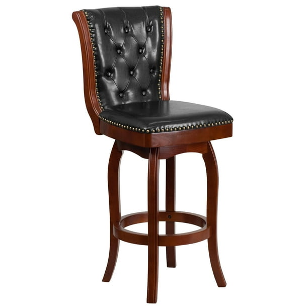 Tabouret de bar en bois de cerisier de 30 po haut. avec dossier touffeté à bouton et siège pivotant en cuir noir