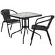 Table carrée 28 po en verre et métal avec bordure en rotin noir et 2 chaises empilables en rotin noir – image 1 sur 9
