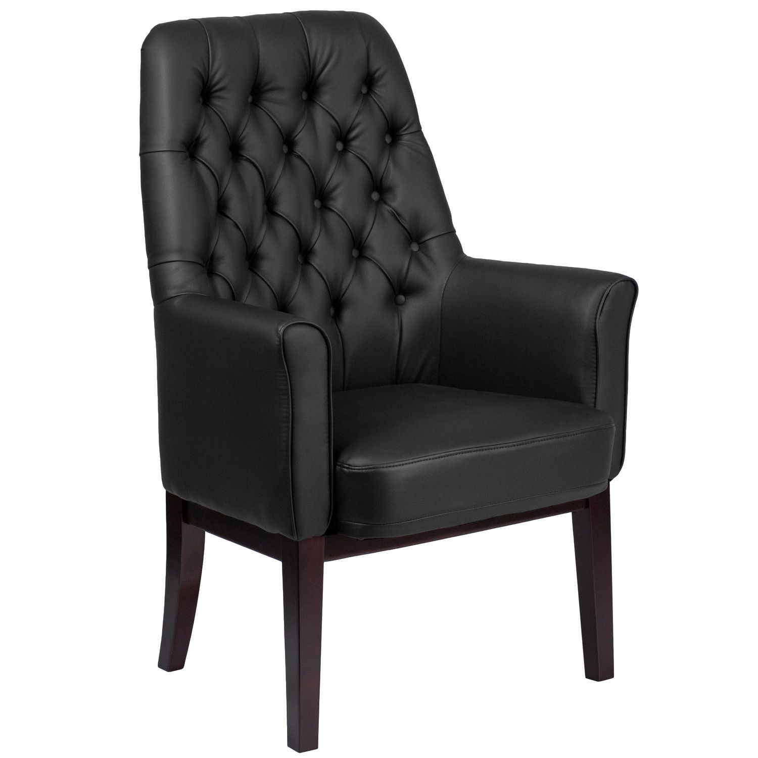 High Back Traditional Tufted Black Leather Side Reception Chair