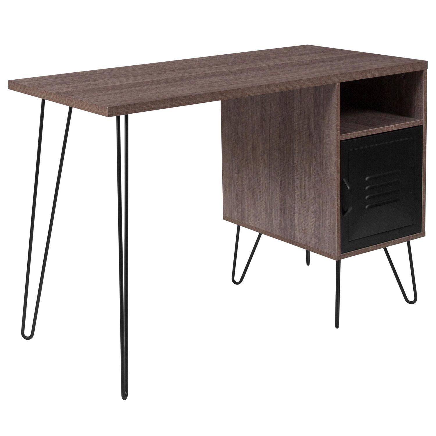 Woodridge Collection Rustic Wood Grain Finish Computer Desk With Metal Cabinet Door And Black Legs