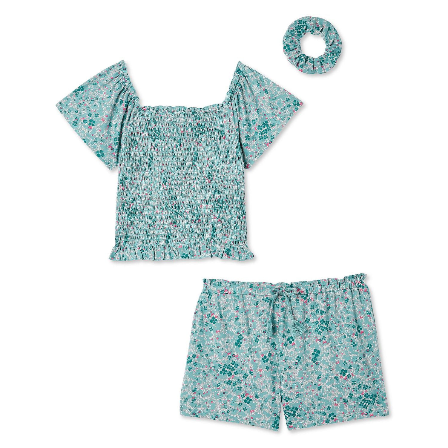 Btween Girls' Smocked Top, Short, and Scrunchie 3-Piece Set