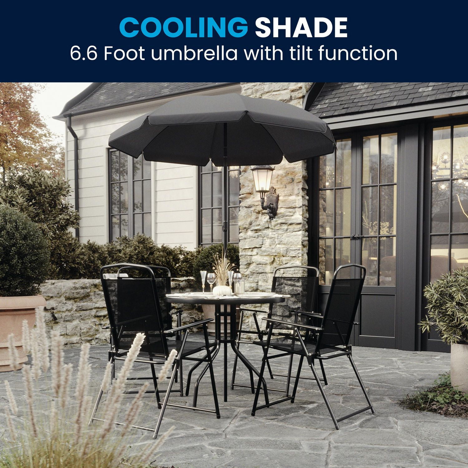Nantucket 6 Piece Black Patio Garden Set with Table Umbrella and