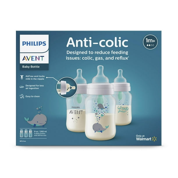 Biberon anti-colique Philips Avent avec évent AirFree et design de baleine,  9oz, 3pk, SCY703/7 Biberon 9oz 3pk 