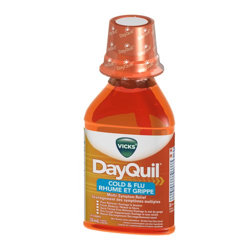 Vicks DayQuil Cold and Flu Symptom and Congestion Relief, Liquid Medicine, Non-Drowsy Daytime Relief for Headache, Fever, Sore Throat Pain, Minor Aches & Pains, Stuffy Head and Cough, 236ml