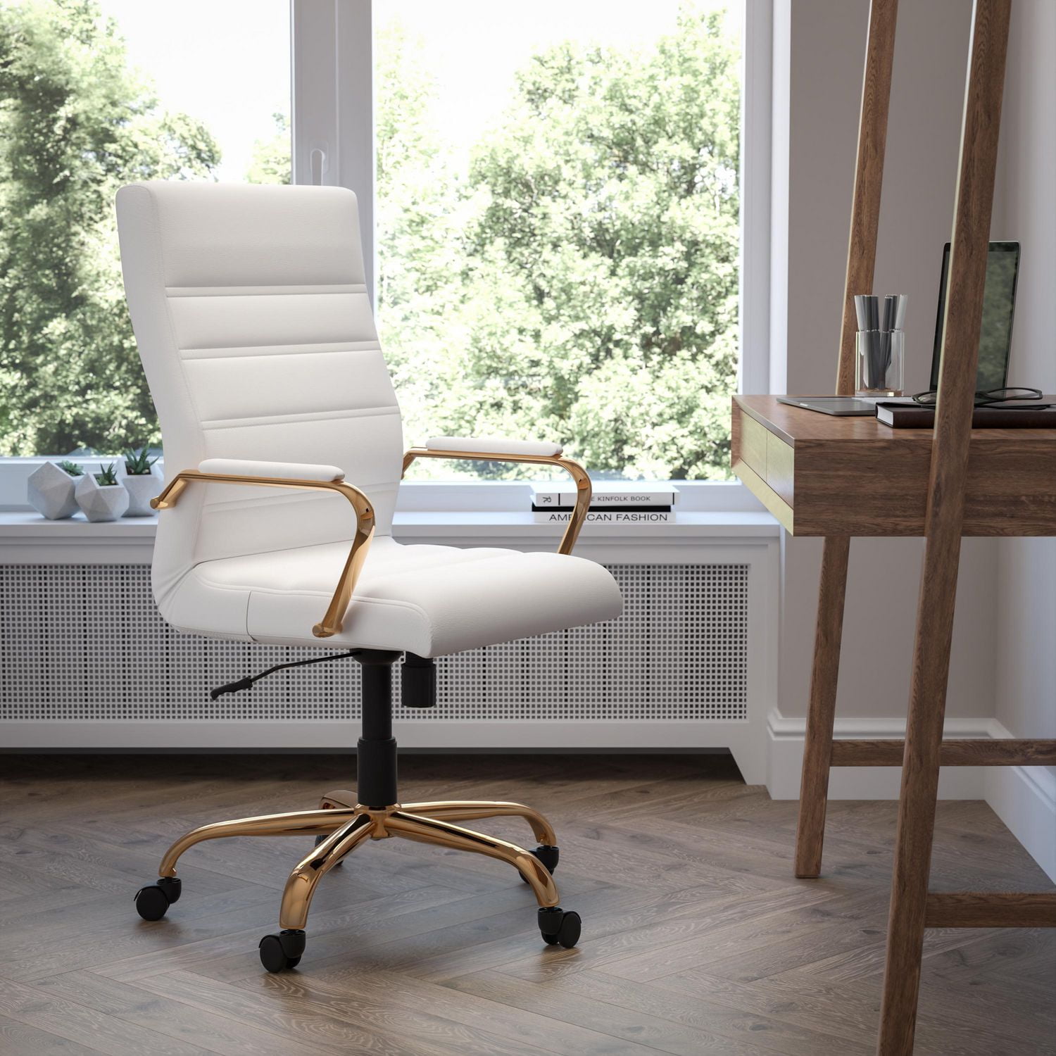 High Back White Leather Executive Swivel Chair with Gold Frame and