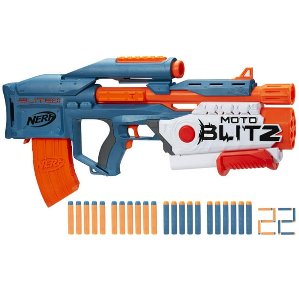 Nerf Elite 2.0, blaster Motoblitz, 2 modes de tir -- motorisé de 10 fléchettes et  Airblitz 6 d'un coup, chargeur, 22 fléchettes Elite À partir de 8 ans