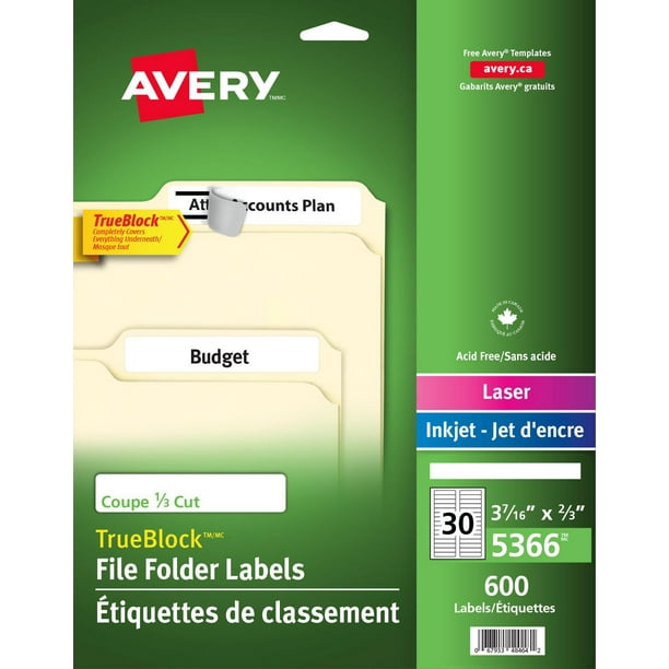 Avery® Étiquettes de classement avec Technologie TrueBlockMC pour imprimantes à laser ou jet d'encre, ⅔" x 3-7/16"