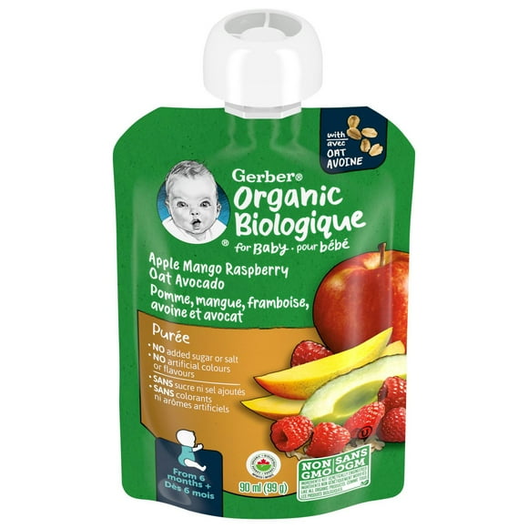 GERBER Organic Baby Purée Apple Mango Raspberry Avocado Oat, 90 mL