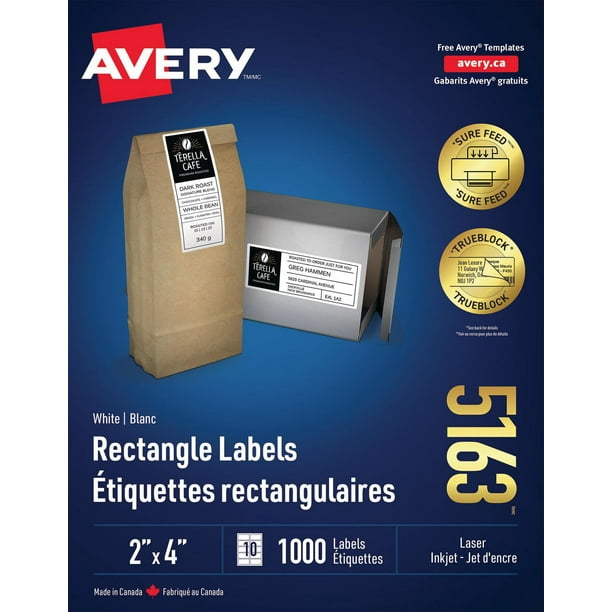 Avery® Étiquettes rectangulaires blanches avec technologie Sure FeedMC Technologie TrueBlockMC, 2 po x 4 po, pour imprimantes laser et à jet d'encre