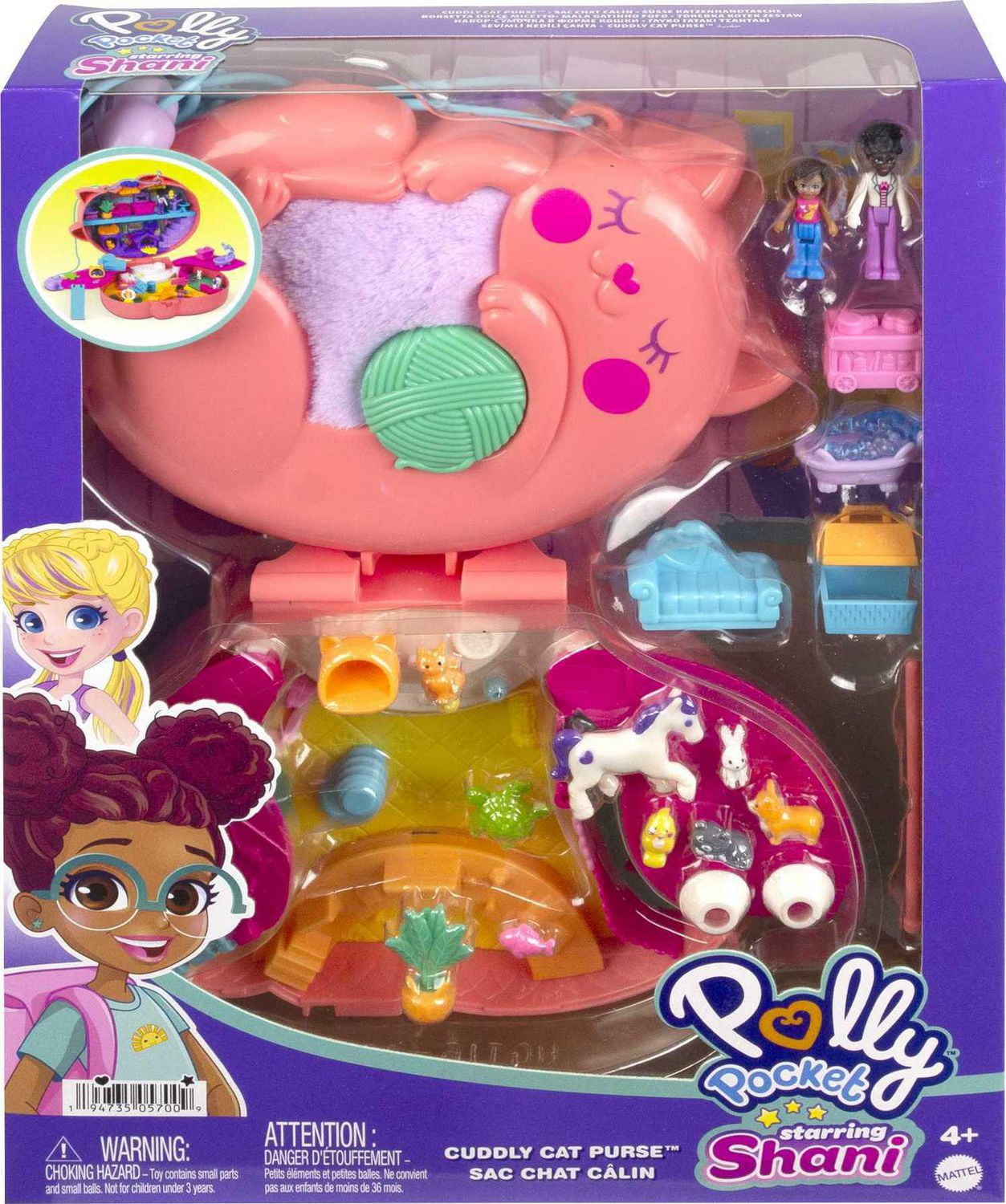 Polly Pocket Starring Shani Cuddly Cat Purse 2 Micro Dolls 18 Accessories Pop Swap Peg Feature 4 Up