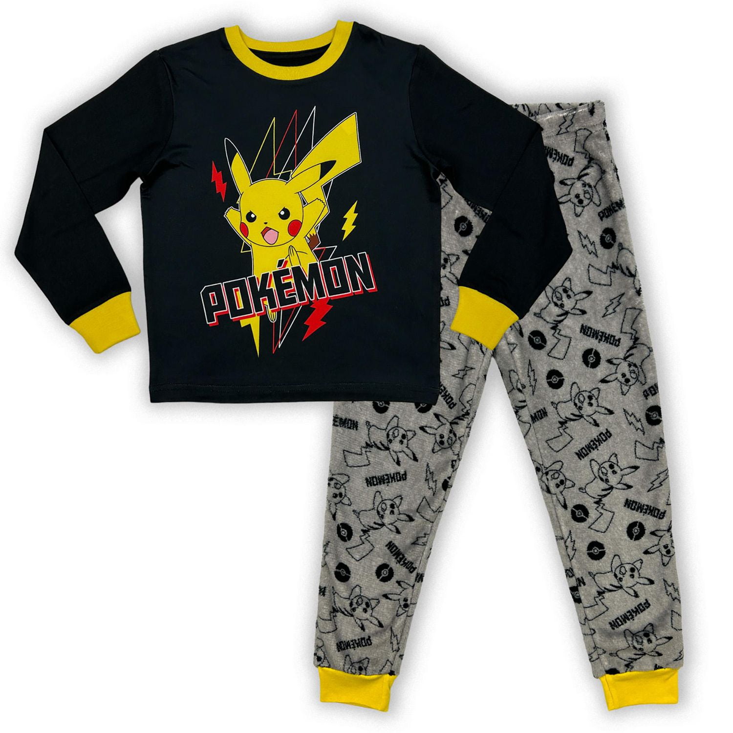 Pokemon Ensemble pyjama 2 pièces pour garçon, comprend un haut à manches longues avec col rond et poignets avec bande élastique au poignet, il s'agit d'une fermeture à enfiler, avec un pantalon long avec taille et chevilles élastiques