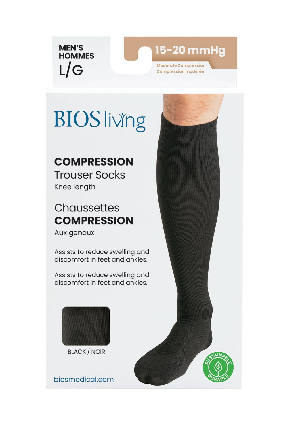 BIOS Living Compression Trouser Socks, Knee Length in Black, Size Large, Moderate Compression (15-20mmHg), Compression Trouser Socks