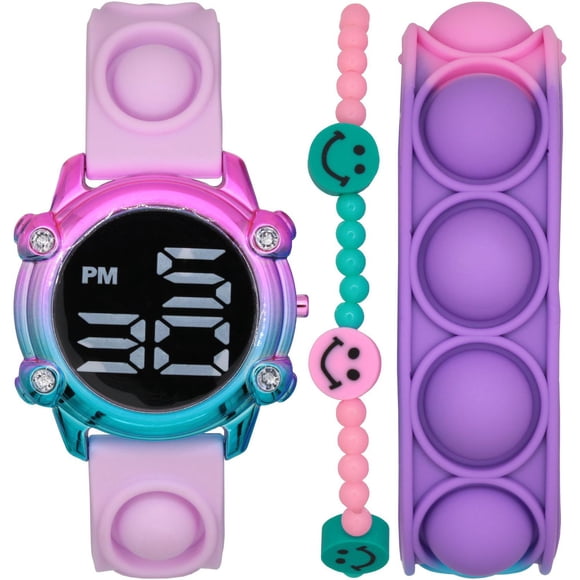 Montre LED Justice avec bracelet rose style popper et ensemble de bracelets