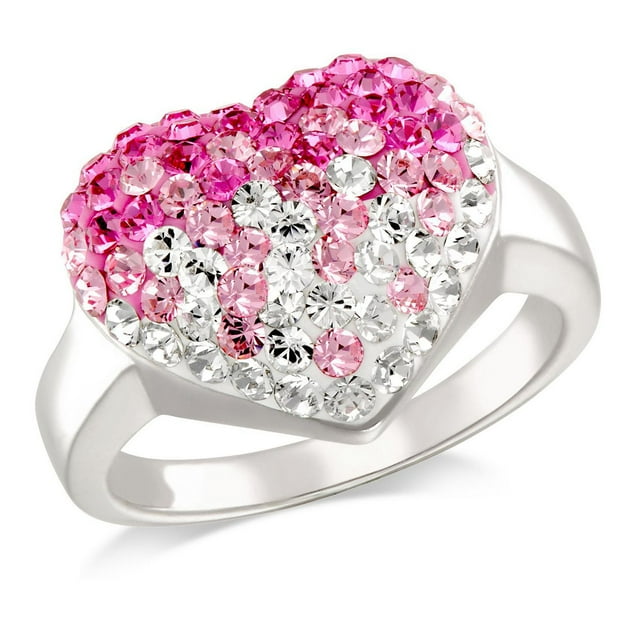 Quintessential Sterling Silver Heart Top With Two Colors Crystal Rose & White Ring