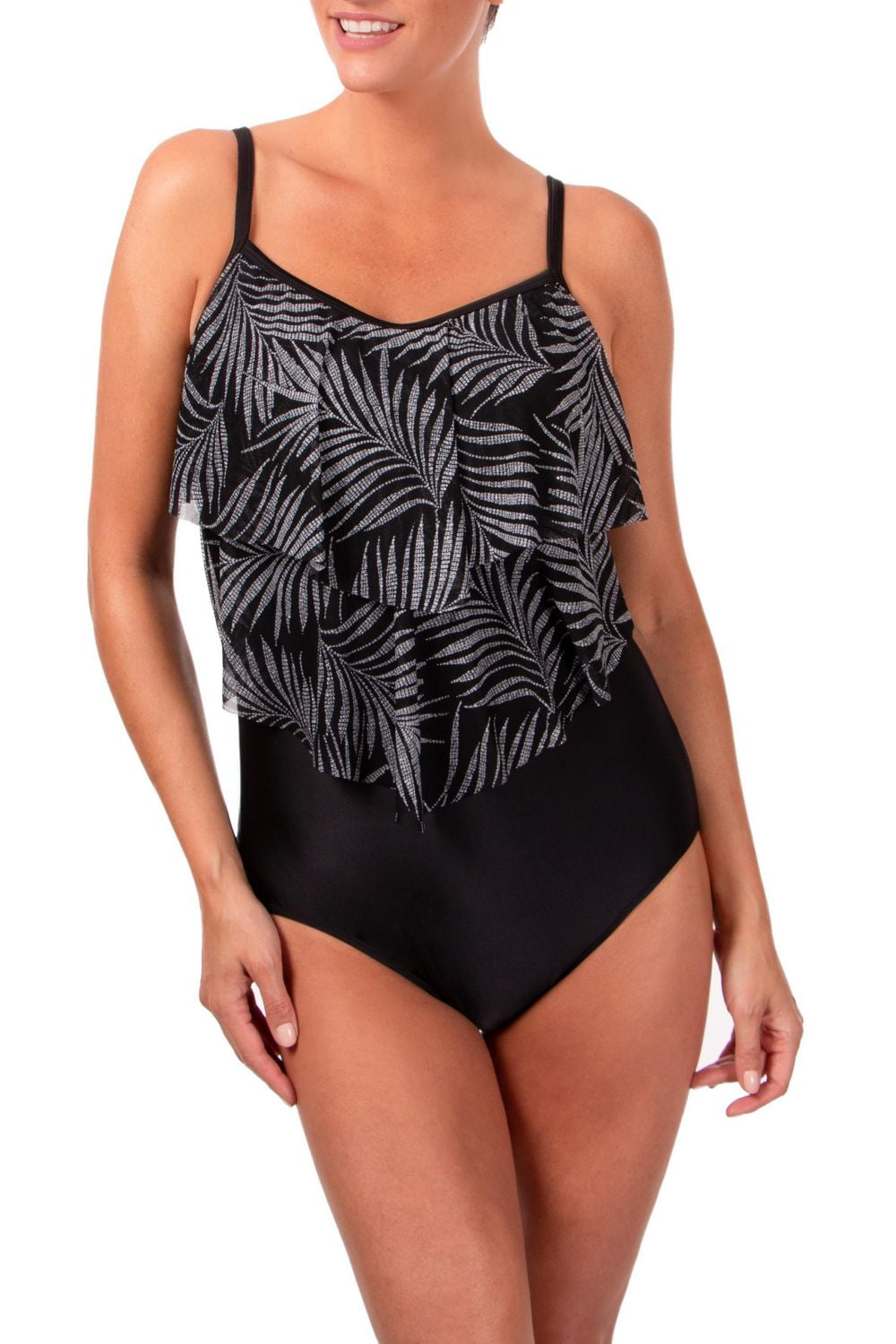 Ibiza 1 pièce avec volants en filet, bonnets souples, bretelles réglables et contrôle du ventre