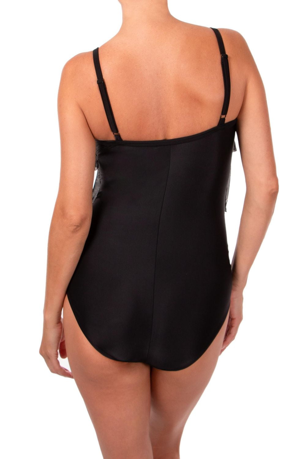 Ibiza 1 pièce avec volants en filet, bonnets souples, bretelles réglables et contrôle du ventre