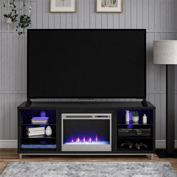 Meuble TV avec cheminée décorative coloris chêne et noir collection