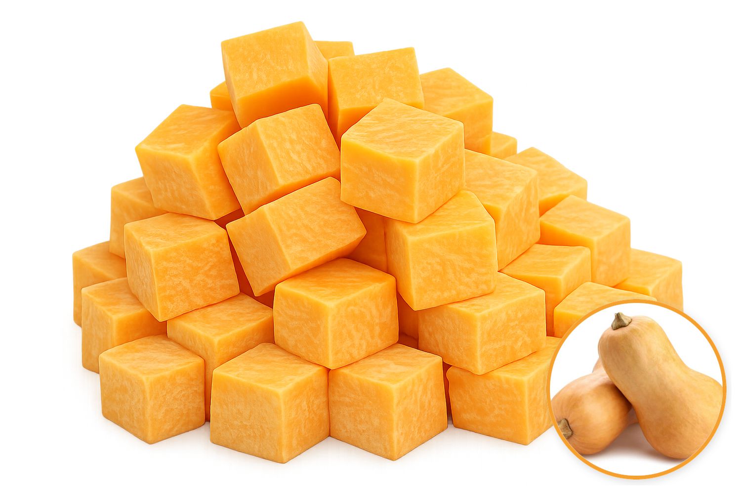 Butternut Squash Cubes, Cubes of Butternut Squash front-facing view of cubed butternut squash filling the frame with visible smooth flesh and uniform cube shapes; often used for roasting, soups, or purees and suitable for meal prep.