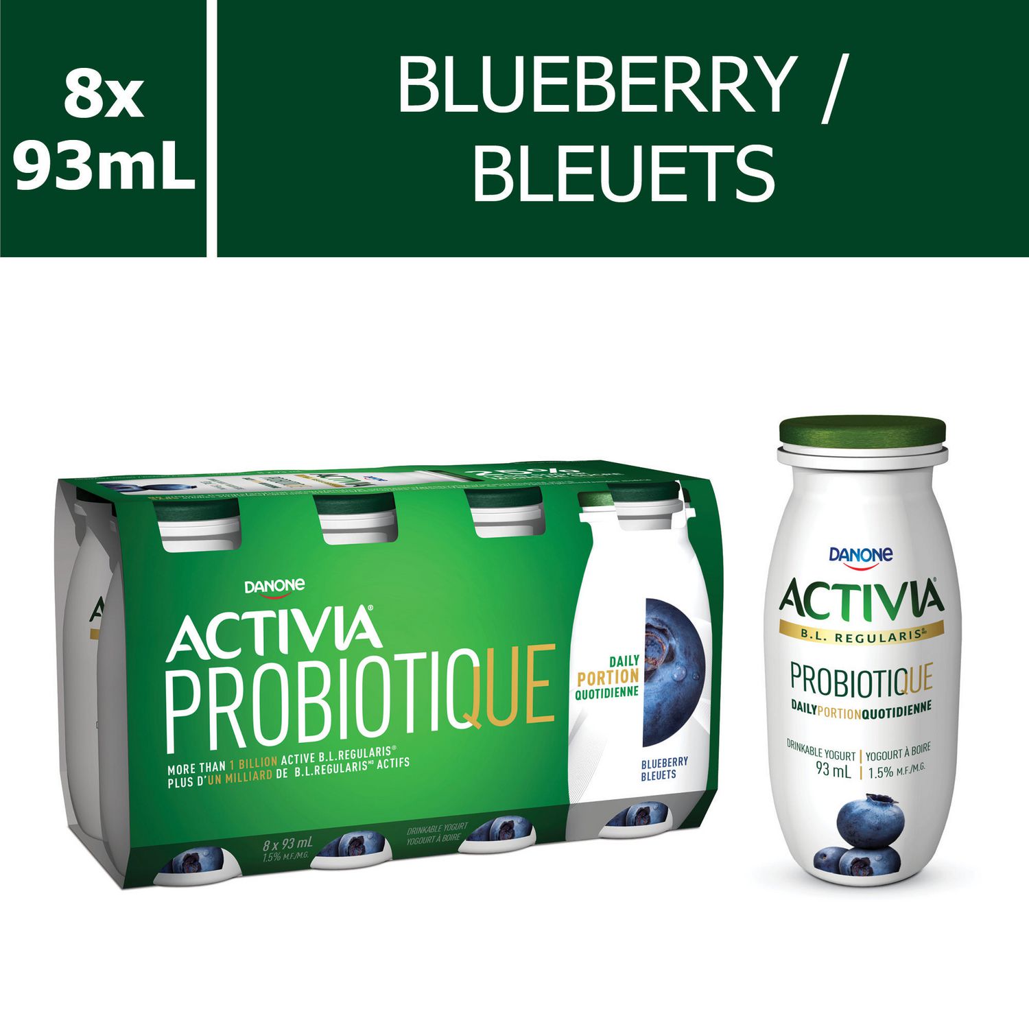 Activia Probiotic Yogurt Drink, Blueberry Flavour, 93ml (Pack of 8