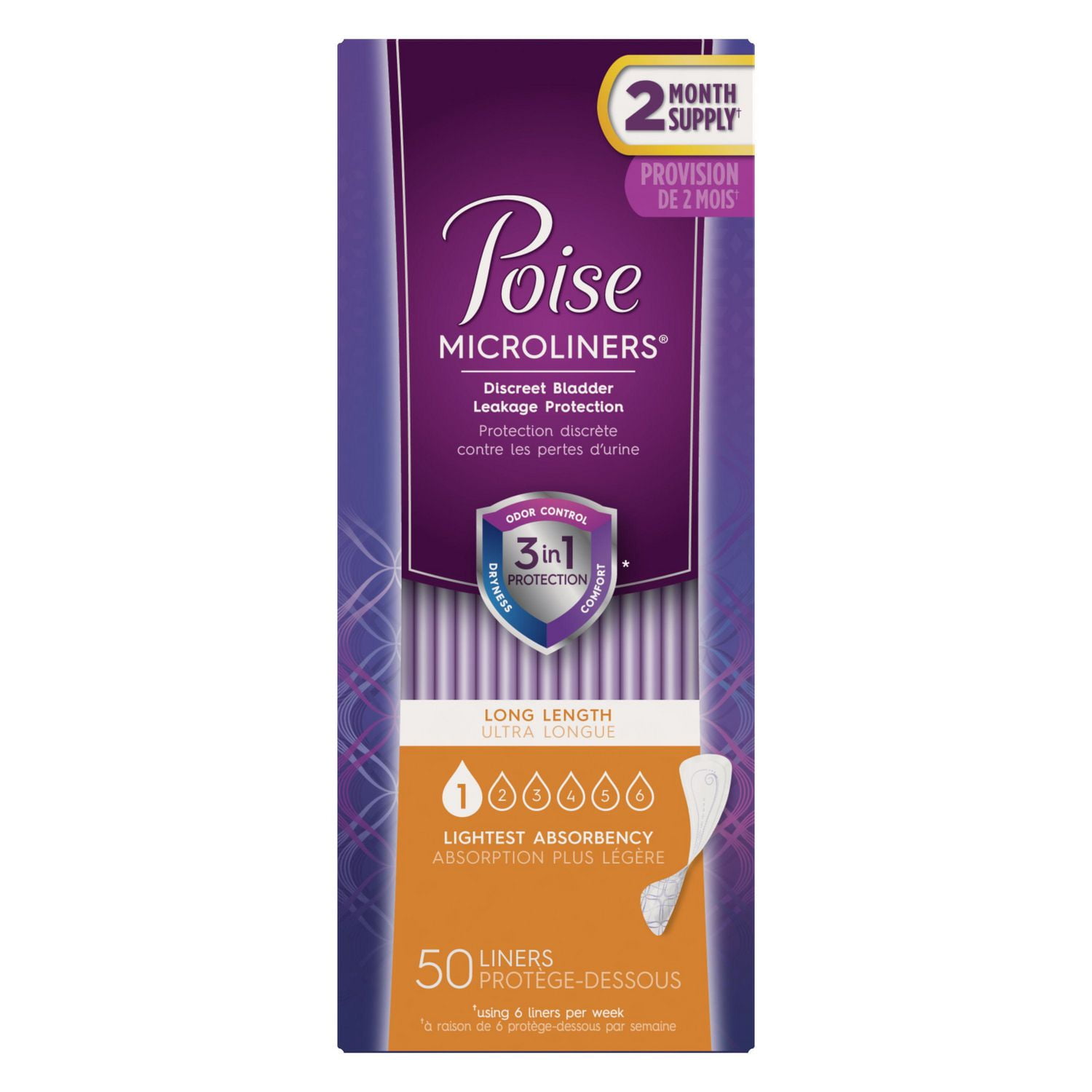 Poise Microliners, Incontinence Panty Liners, Lightest Absorbency, Long