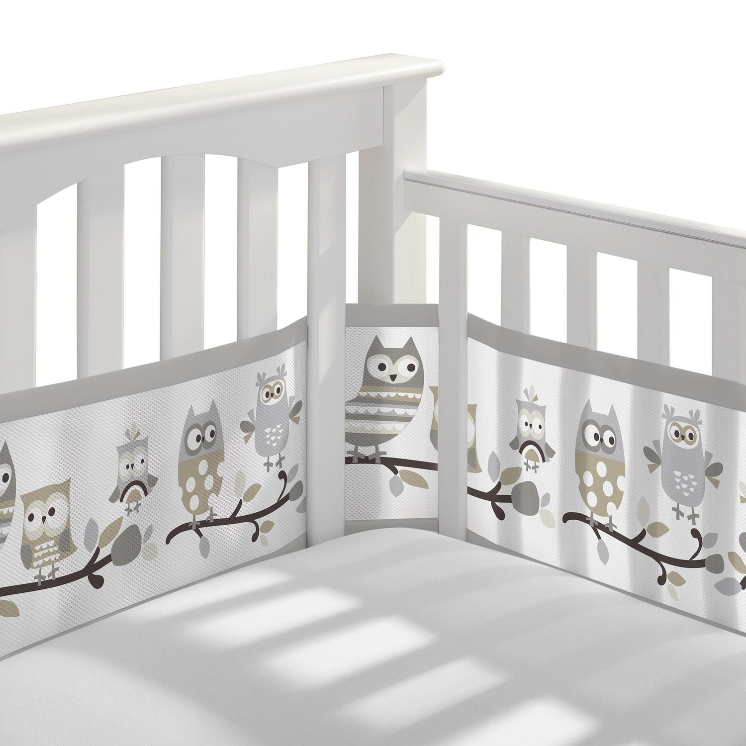 BreathableBaby Breathable Mesh Liner for Full Size Cribs Classic 3mm Mesh Owl Fun Gray Size 4FS Covers 3 or 4 Sides